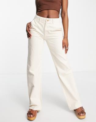 Pull & Bear High Waist Straight Leg Cargo Pants In Ecru-neutral In Neutral