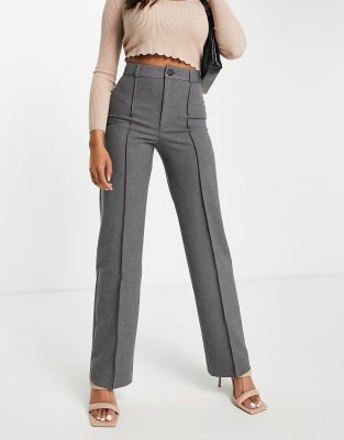 Pull&Bear Pull&Bear high waist tailored straight leg trousers with front seam detail in grey