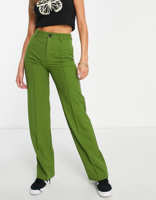 Pull&Bear high waist tailored straight leg trousers with front seam in green