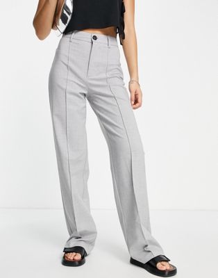 Pull&Bear high waist tailored straight leg trousers with front seam in light grey
