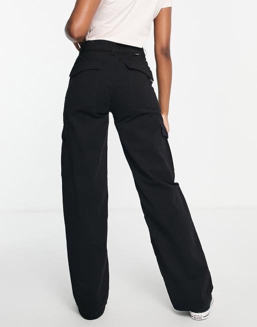 Pull&Bear high waist wide leg cargo pants in black