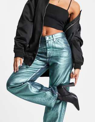 Pull&Bear high waist wide leg metallic pants in shiny blue
