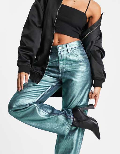 Pull&Bear high waist wide leg metallic trousers in shiny blue