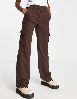 Pull&Bear high waisted cargo straight leg pants in brown