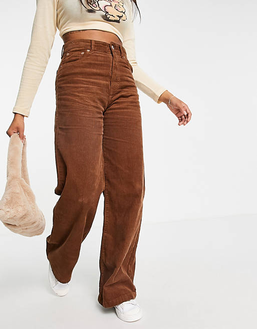 Women Pull&Bear high waisted corduroy flared trousers in brown 