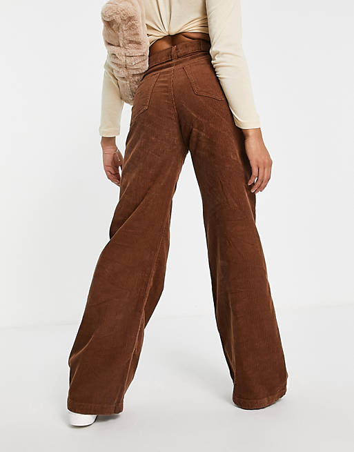Women Pull&Bear high waisted corduroy flared trousers in brown 