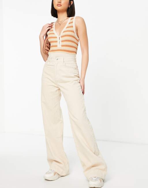 Pull&Bear high waisted corduroy wide leg pants in ecru