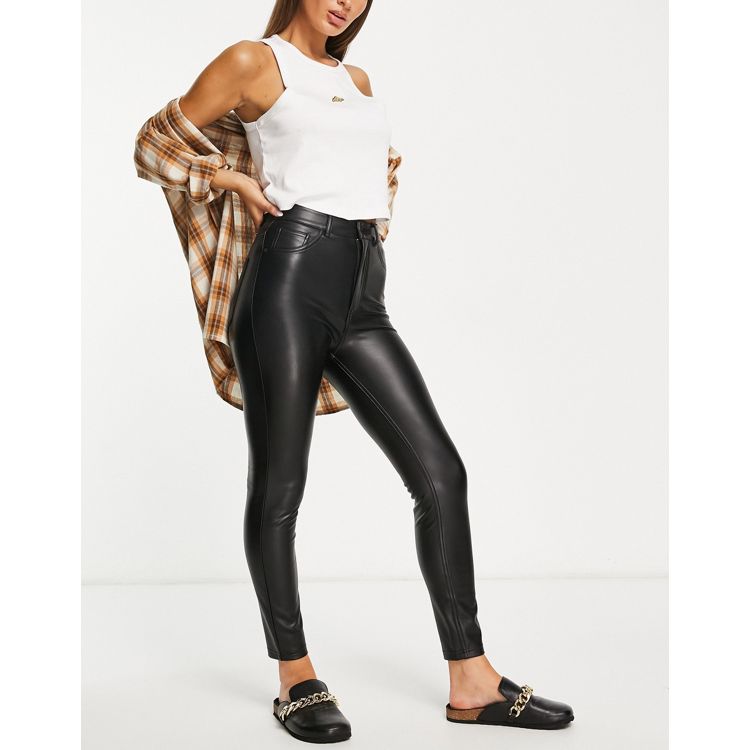 Pull&Bear high waisted faux leather flared trousers in black