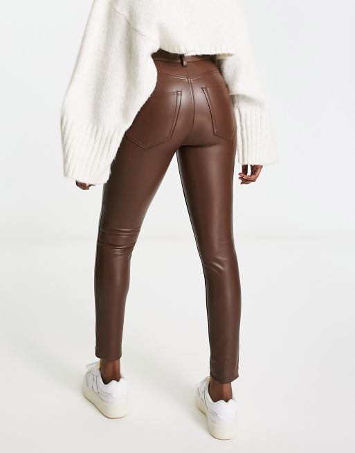 Pull Bear high waisted faux leather skinny pants in brown