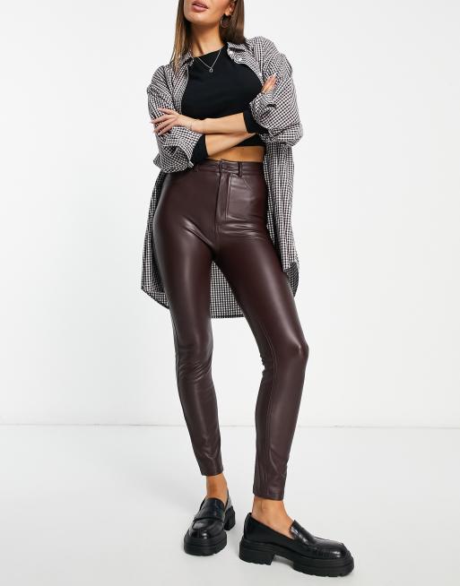 Pull&Bear high waisted faux leather skinny pants in burgundy