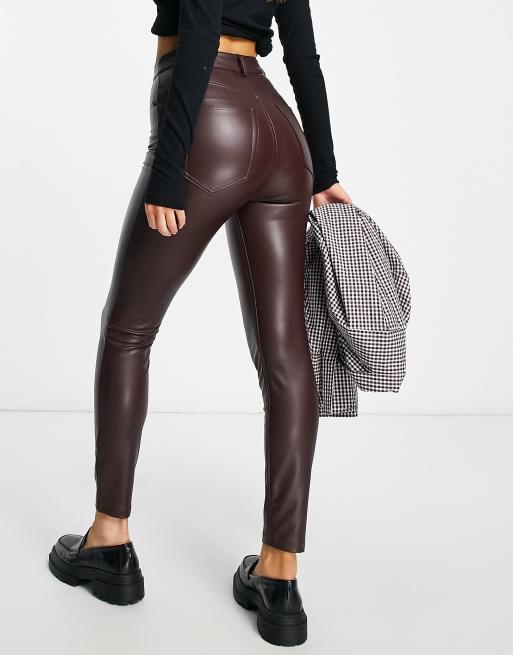 Pull&Bear high waisted faux leather skinny trousers in brown