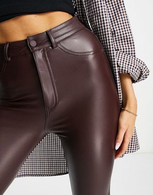 Pull&Bear high waisted faux leather skinny pants in burgundy