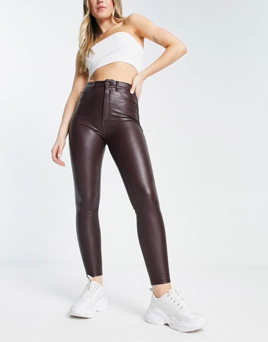 Shop Pull & Bear High Waisted Faux Leather Skinny Pants In Burgundy-red