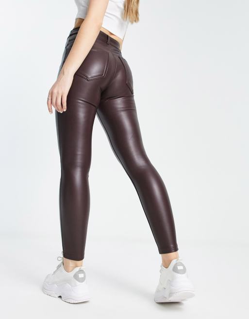  Women Pocket Faux Leather Pants Leggings Pants High Waisted  Leather Stacked Pants Wine XL