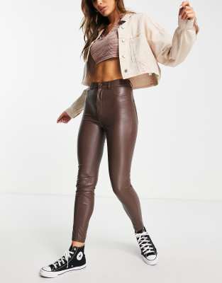 Pull&Bear high waisted faux leather skinny trousers in brown