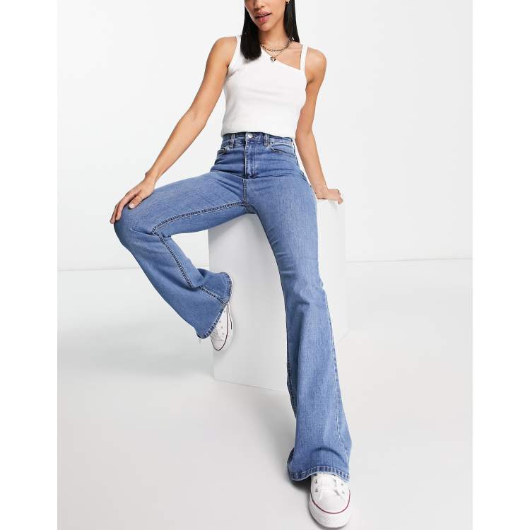 Pull&Bear high waisted split hem flare jean in medium blue