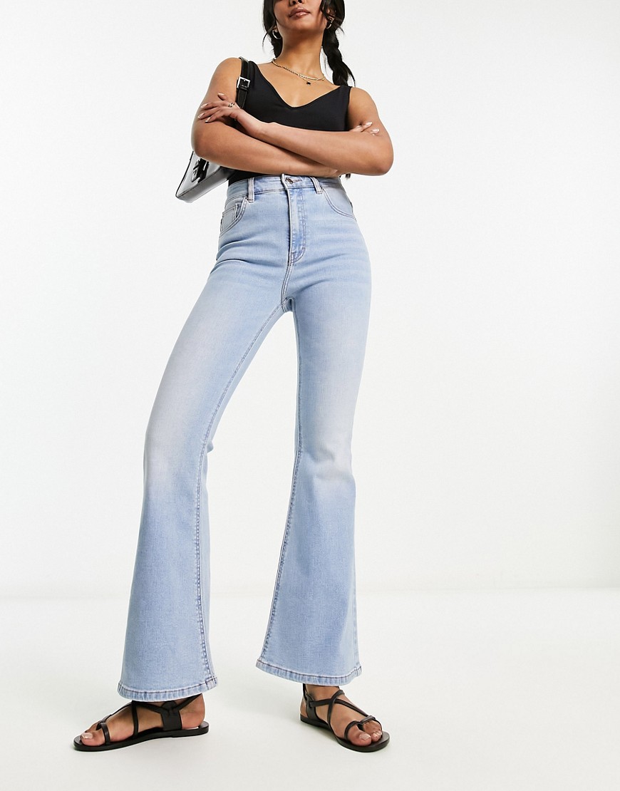 Pull & Bear high waisted flared jeans in mid blue