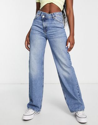 Pull&Bear high waisted jeans with cross over waist in light blue