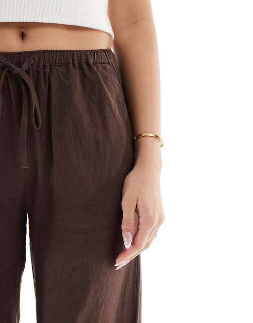 Pull&Bear high waisted linen blend pants in brown