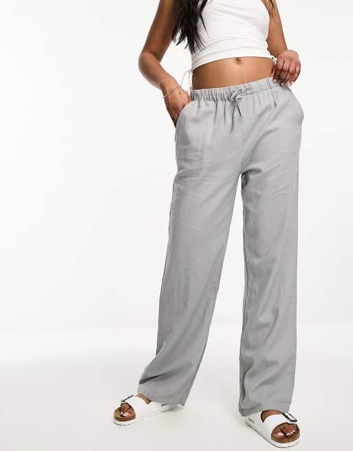 Pull Bear high waisted linen trousers in grey ASOS