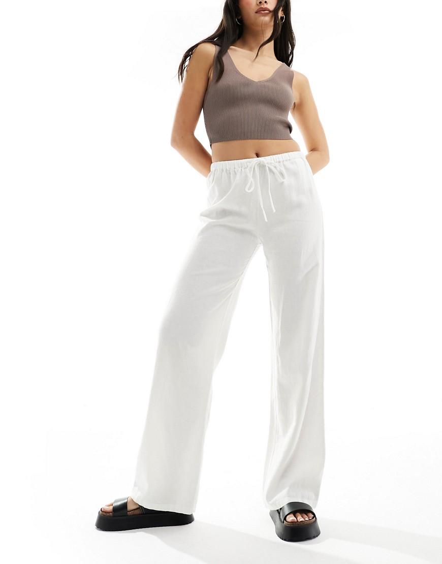 Pull & Bear high waisted linen trousers in white