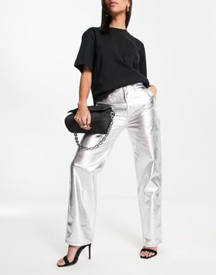 Pull&Bear high waisted metallic jeans in silver
