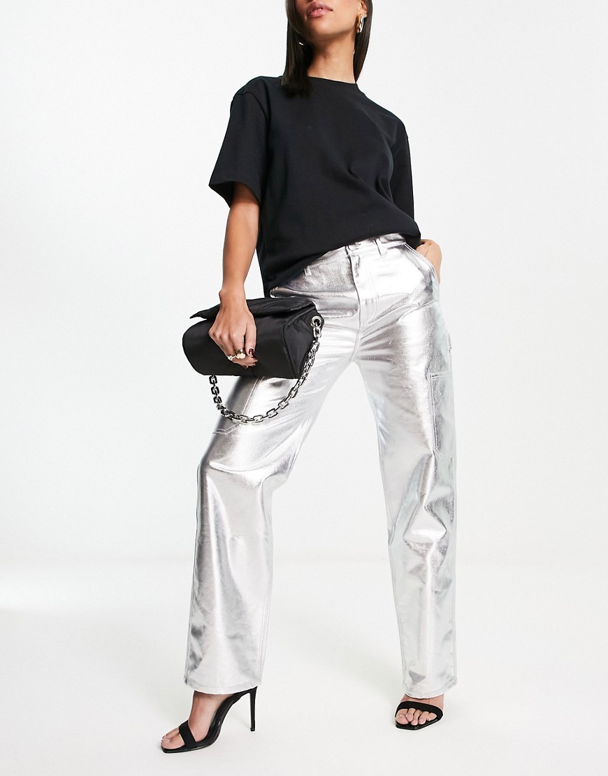 Pull & Bear high waisted metallic jeans in silver