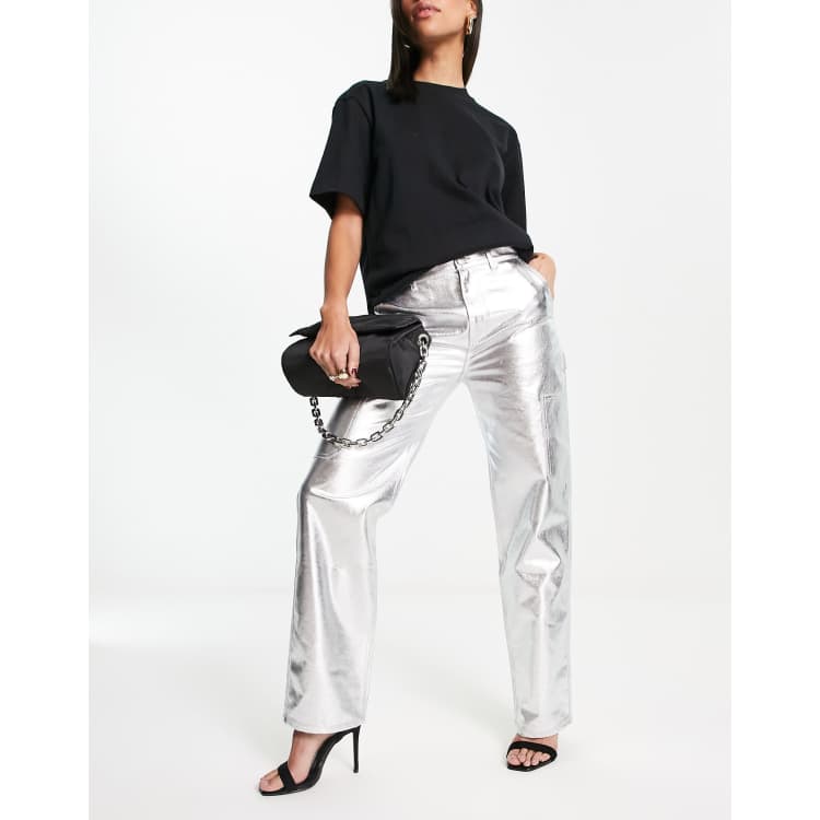 Pull&Bear High Waisted Metallic Pants In Electric Blue