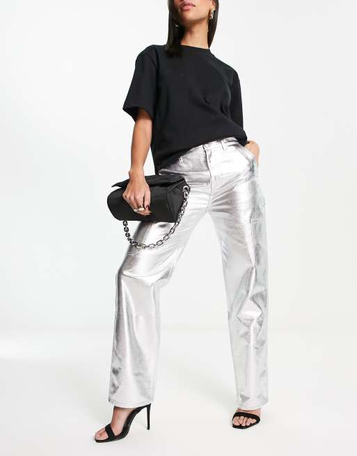 Pull Bear high waisted metallic jeans in silver