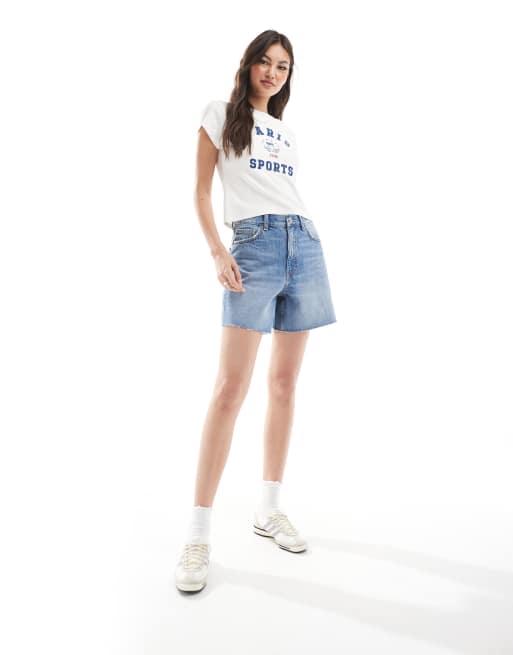 Pull&Bear high waisted mom denim shorts in blue