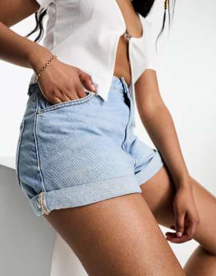 Pull & Bear High Waisted Mom Denim Shorts In Light Blue