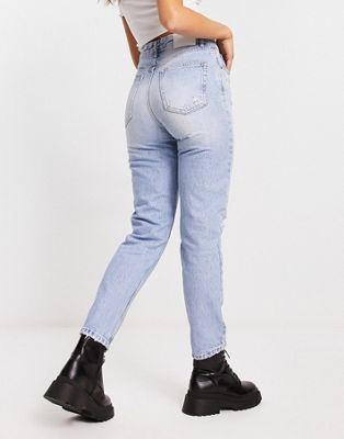 Pull&Bear high waisted mom jeans with rips in medium blue - ASOS Price Checker