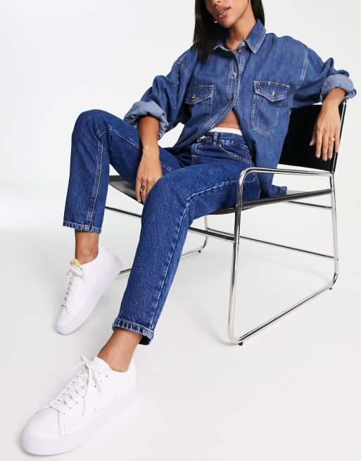 Pull&Bear high waisted mom jeans in dark blue