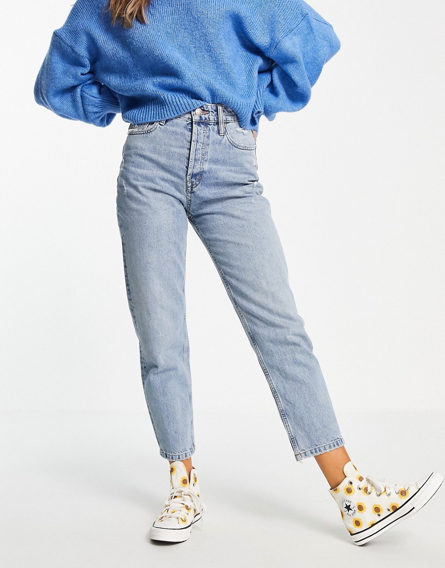 Pull & Bear high waisted mom jeans with hidden button front fastening in washed blue