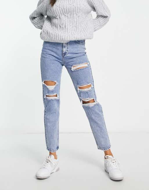 Pull&Bear high waisted mom jeans with rips in medium blue
