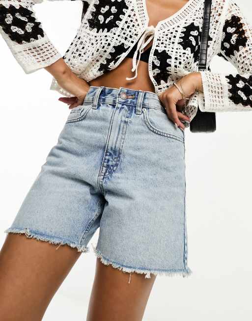 Pull Bear high waisted raw hem longline denim shorts in bleach wash ASOS
