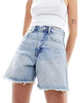 Pull&Bear high waisted raw hem longline denim shorts in light blue