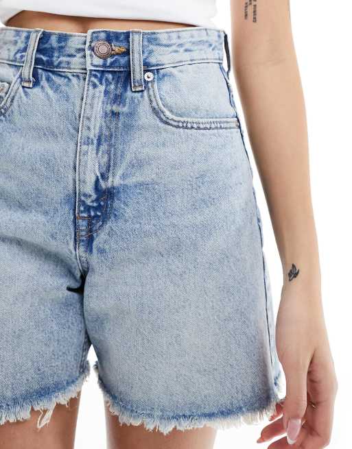 Pull Bear high waisted raw hem longline denim shorts in light blue