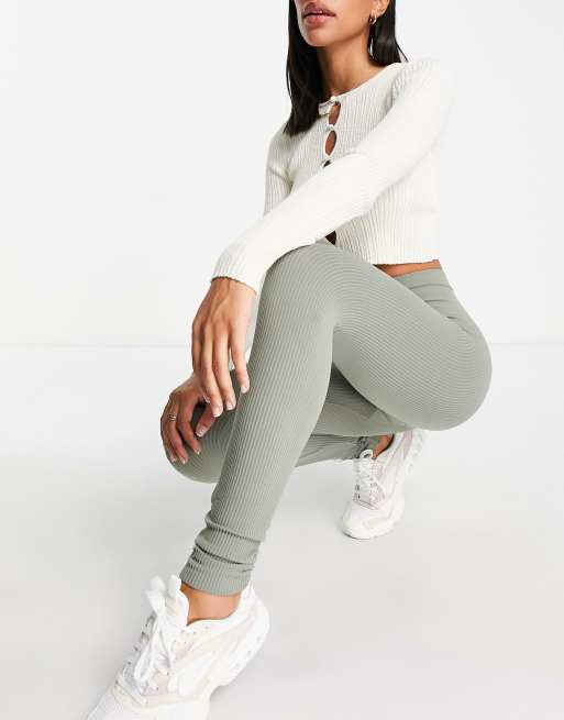 Pull&Bear high waisted ribbed seamless legging coord in khaki ASOS