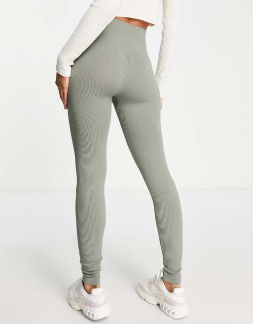 Khaki Ribbed High Waist Leggings