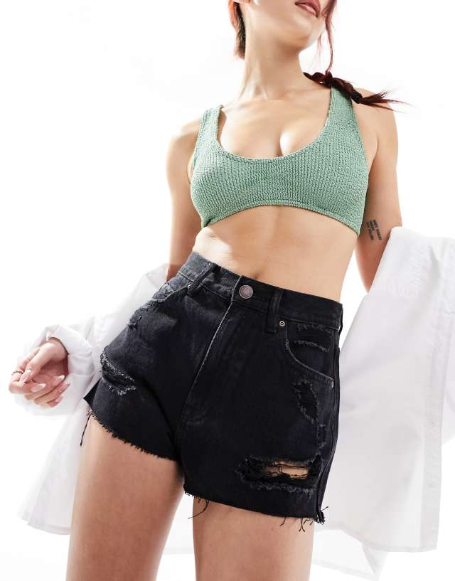 Pull&Bear - high waisted ripped mom denim shorts in black