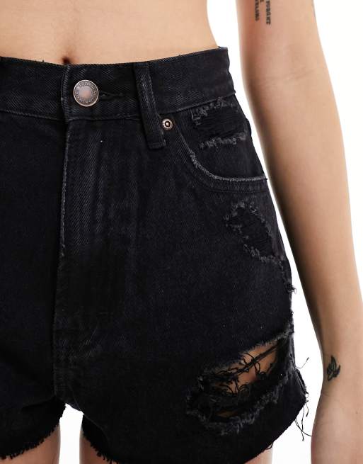 Pull Bear high waisted ripped Mom denim shorts in black