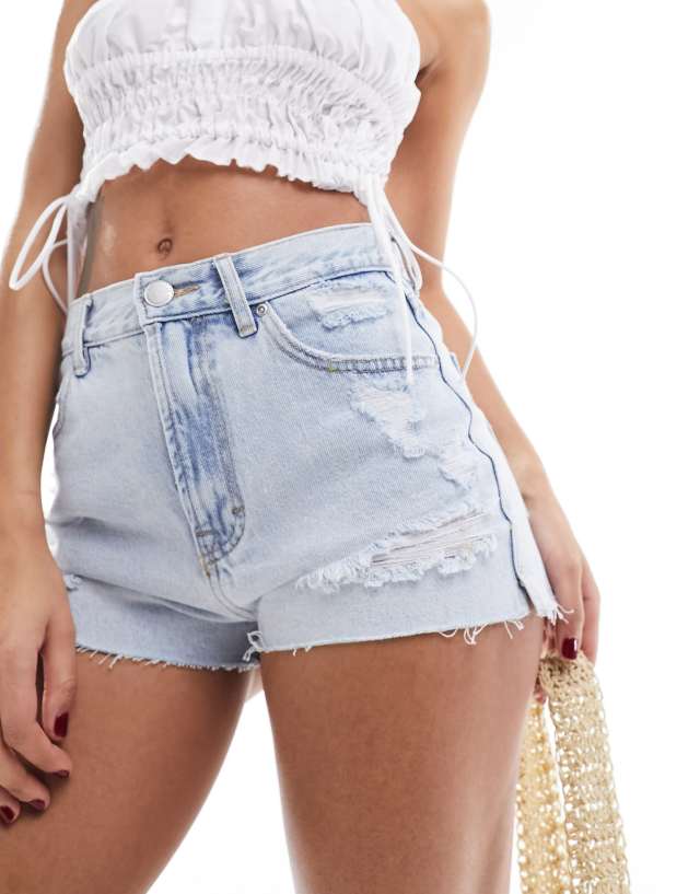 Pull&Bear - high waisted ripped mom denim shorts in bleach light blue