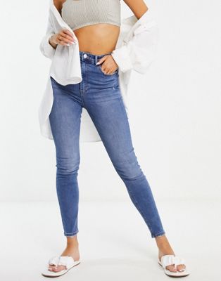 Pull&Bear high waisted skinny jeans in medium blue - ASOS Price Checker