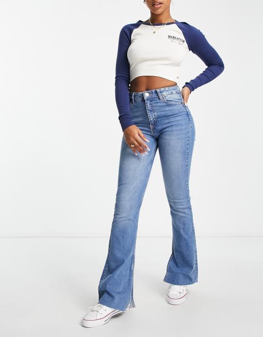 Pull&Bear high waisted split hem flare jean in medium blue