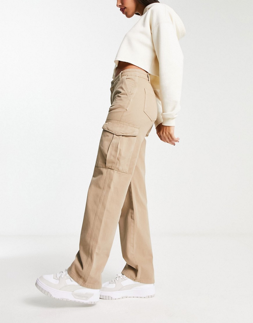 Pull & Bear High Waisted Straight Leg Cargo Pants In Beige-neutral