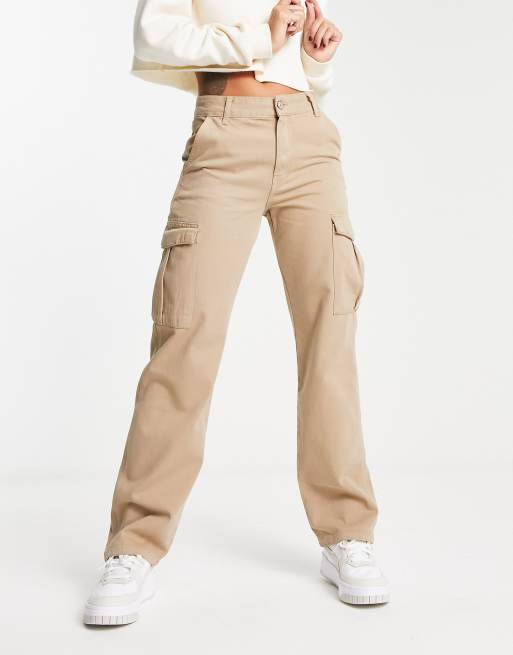 Pull Bear high waisted straight leg cargo pants in beige