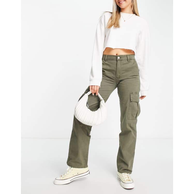 Pull&Bear high waisted straight leg cargo pants in khaki