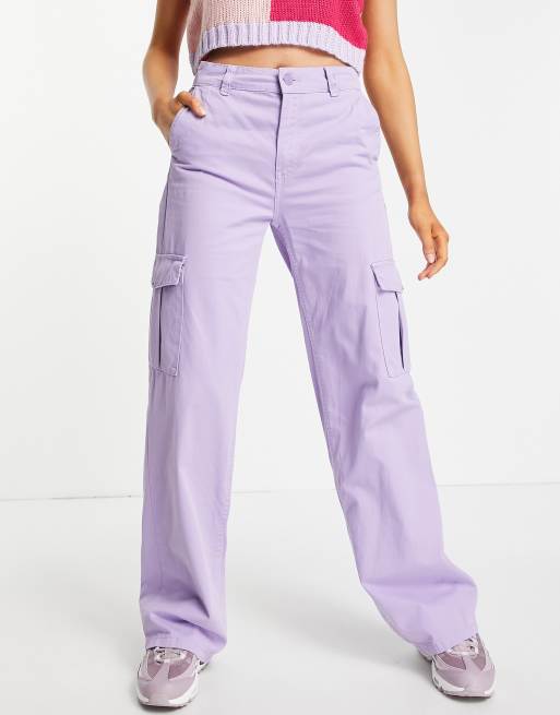 Pull&Bear high waisted straight leg cargo pants in lilac