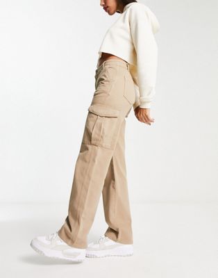Pull&Bear high waisted straight leg cargo trousers in beige